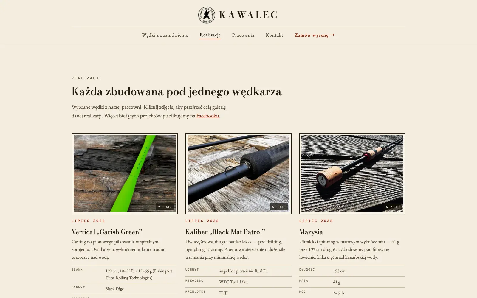 Realizacje: wykonane wędki z opisem techniki.